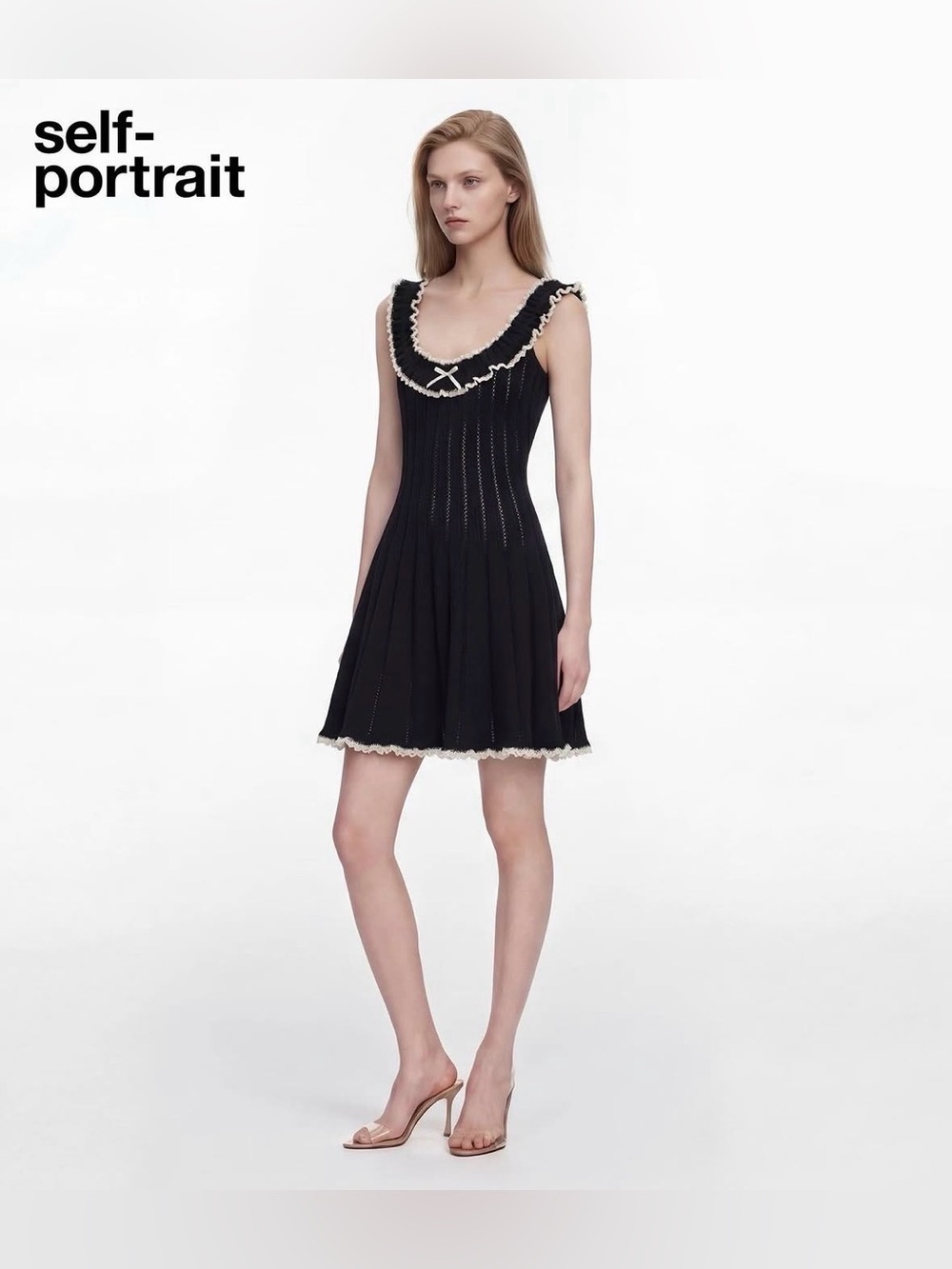 NEW Self-Portrait Black Contrast Trim Knit Mini Dress Ruffle Bow | US XS - Picture 3 of 14